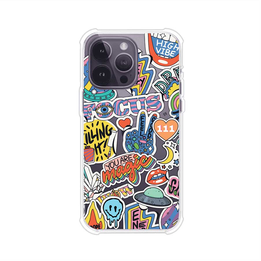 Funda para iPhone con diseño de stickers coloridos con frases motivacionales y energías positivas – Remark Mx