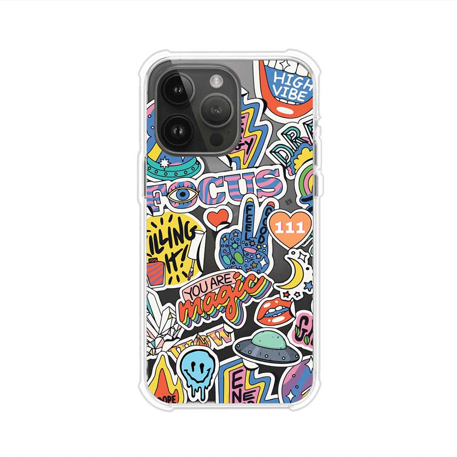 Funda para iPhone con diseño de stickers coloridos con frases motivacionales y energías positivas – Remark Mx
