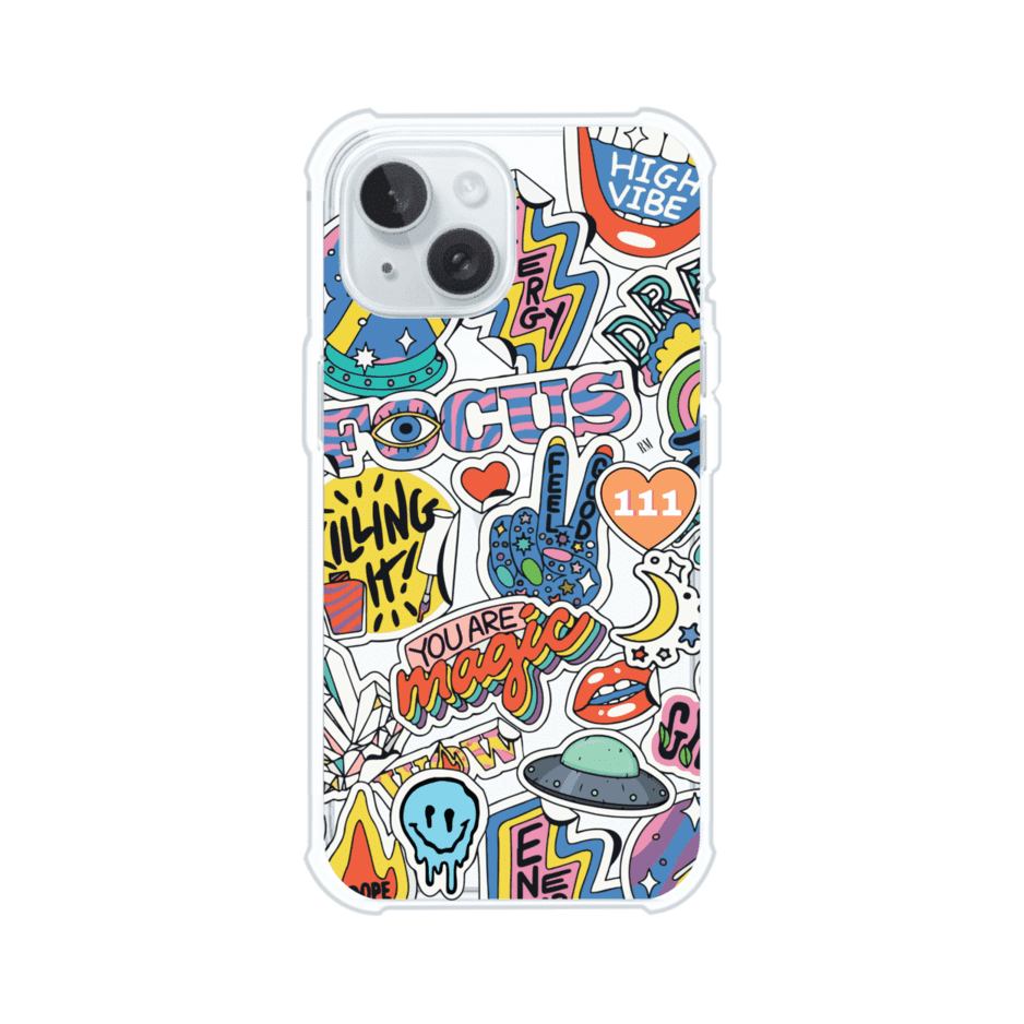 Funda para iPhone con diseño de stickers coloridos con frases motivacionales y energías positivas – Remark Mx
