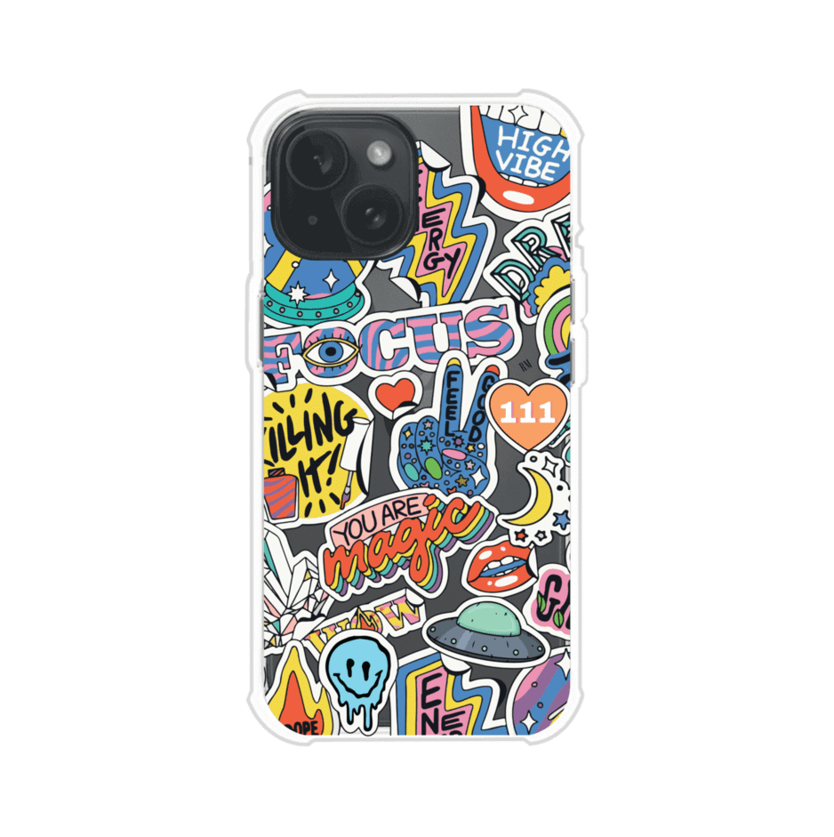 Funda para iPhone con diseño de stickers coloridos con frases motivacionales y energías positivas – Remark Mx
