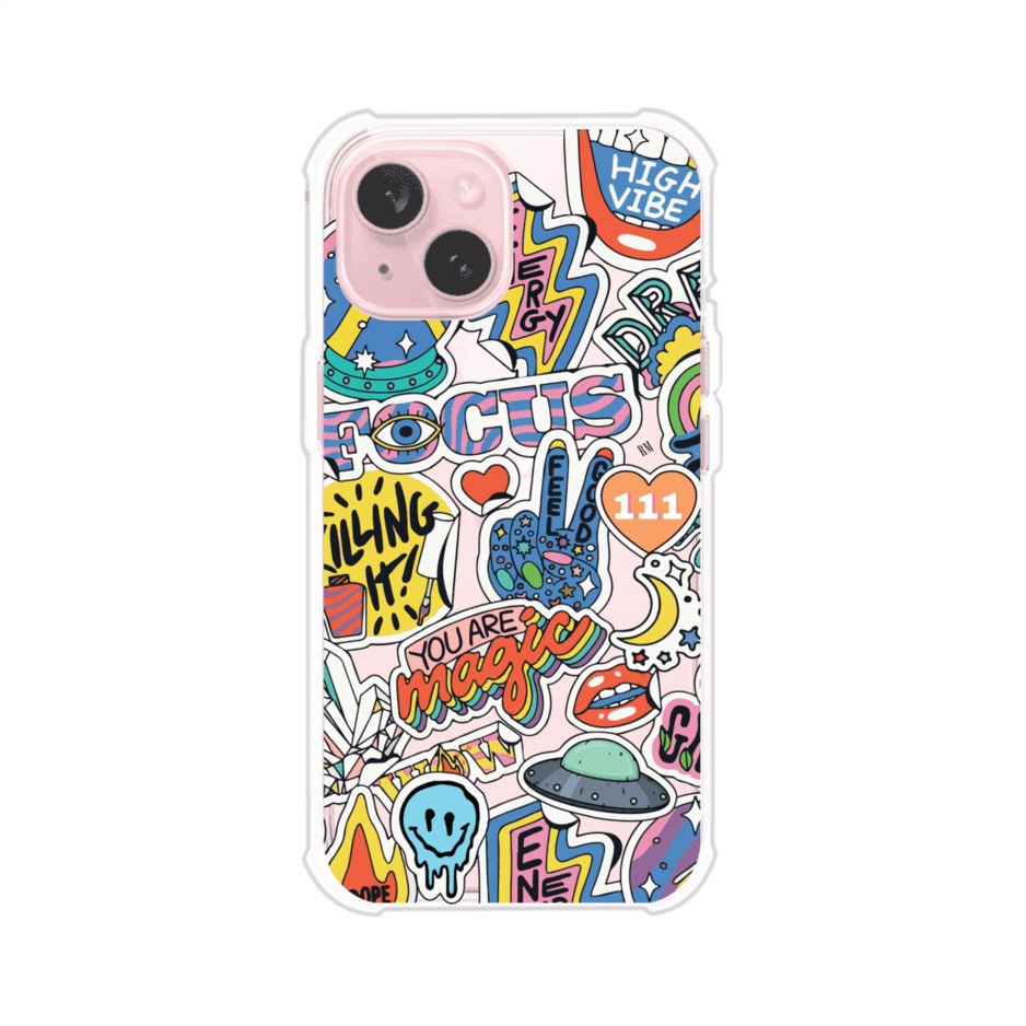 Funda para iPhone con diseño de stickers coloridos con frases motivacionales y energías positivas – Remark Mx
