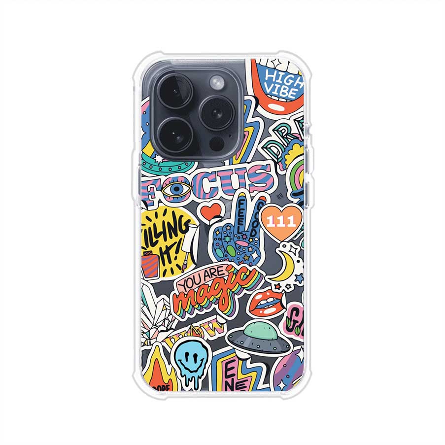 Funda para iPhone con diseño de stickers coloridos con frases motivacionales y energías positivas – Remark Mx