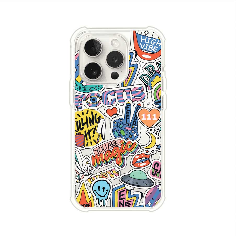 Funda para iPhone con diseño de stickers coloridos con frases motivacionales y energías positivas – Remark Mx