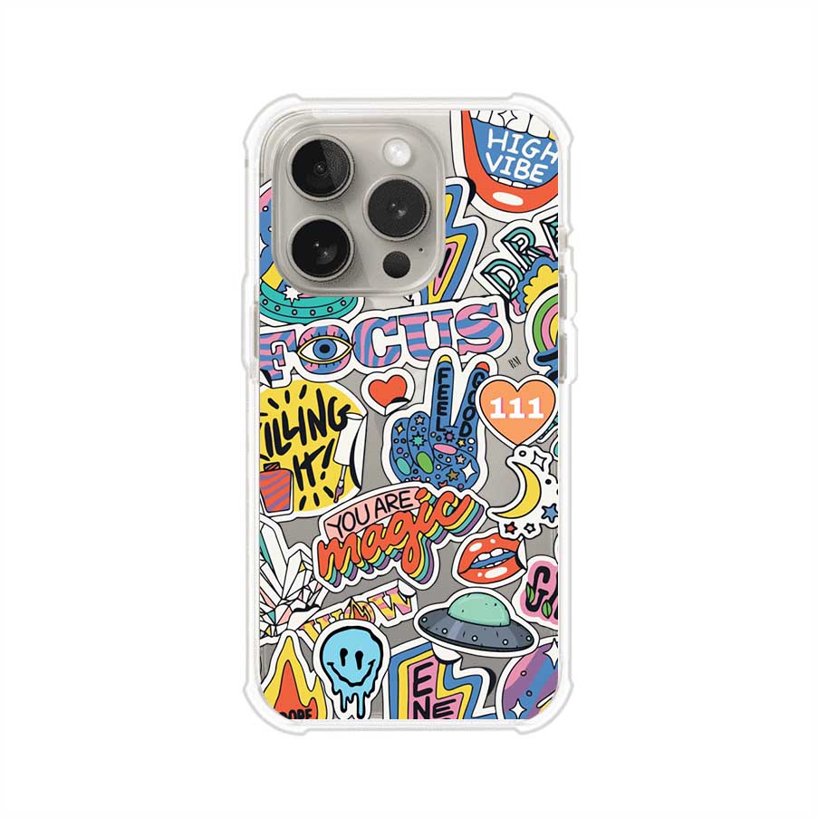 Funda para iPhone con diseño de stickers coloridos con frases motivacionales y energías positivas – Remark Mx