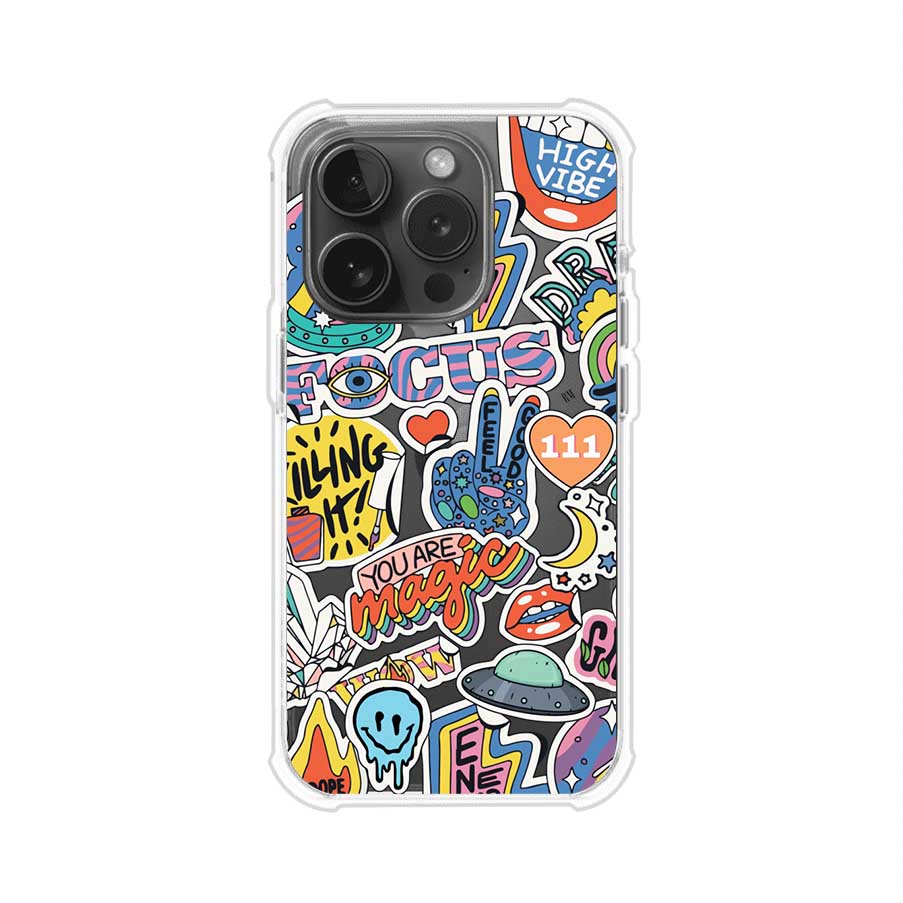 Funda para iPhone con diseño de stickers coloridos con frases motivacionales y energías positivas – Remark Mx