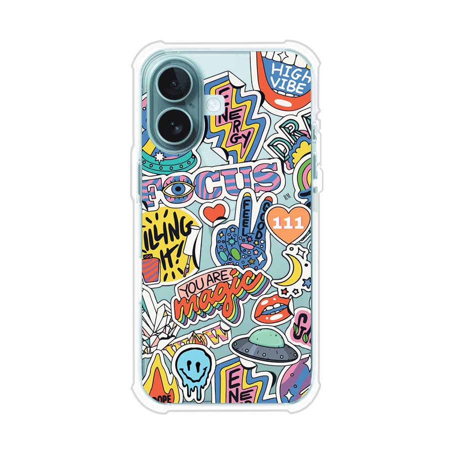 Funda para iPhone con diseño de stickers coloridos con frases motivacionales y energías positivas – Remark Mx