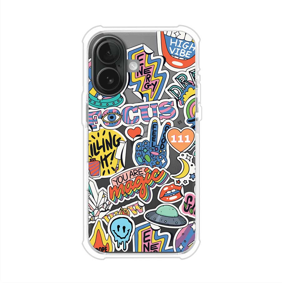 Funda para iPhone con diseño de stickers coloridos con frases motivacionales y energías positivas – Remark Mx