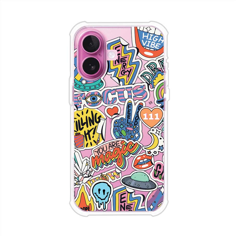 Funda para iPhone con diseño de stickers coloridos con frases motivacionales y energías positivas – Remark Mx