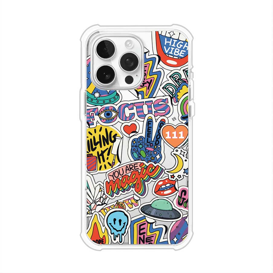 Funda para iPhone con diseño de stickers coloridos con frases motivacionales y energías positivas – Remark Mx