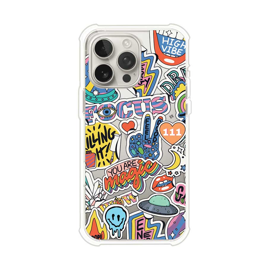 Funda para iPhone con diseño de stickers coloridos con frases motivacionales y energías positivas – Remark Mx