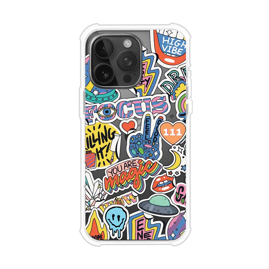 Funda para iPhone con diseño de stickers coloridos con frases motivacionales y energías positivas – Remark Mx