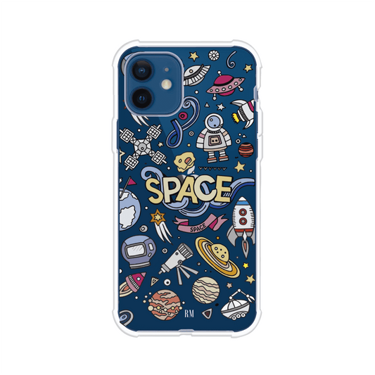 Funda para iPhone con diseño espacial, incluye ilustraciones de planetas, cohetes, astronautas y estrellas en estilo doodle divertido. Producto de Remark Mx