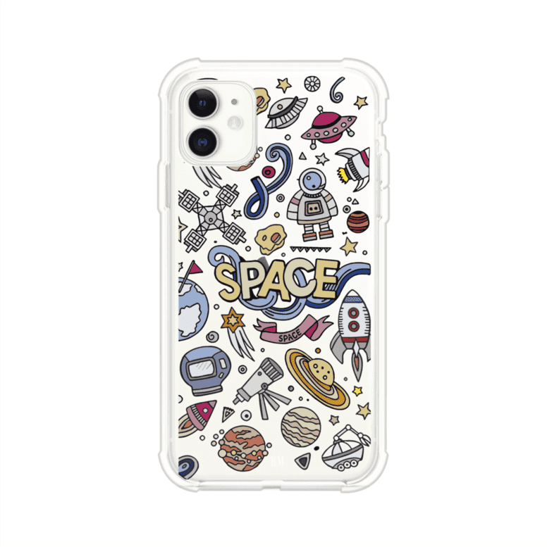 Funda para iPhone con diseño espacial, incluye ilustraciones de planetas, cohetes, astronautas y estrellas en estilo doodle divertido. Producto de Remark Mx
