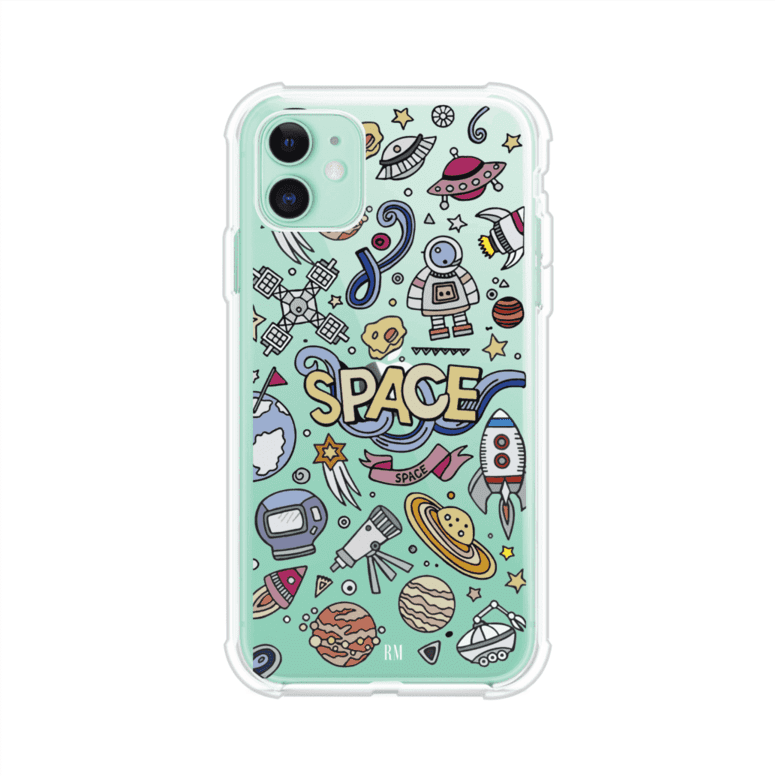 Funda para iPhone con diseño espacial, incluye ilustraciones de planetas, cohetes, astronautas y estrellas en estilo doodle divertido. Producto de Remark Mx