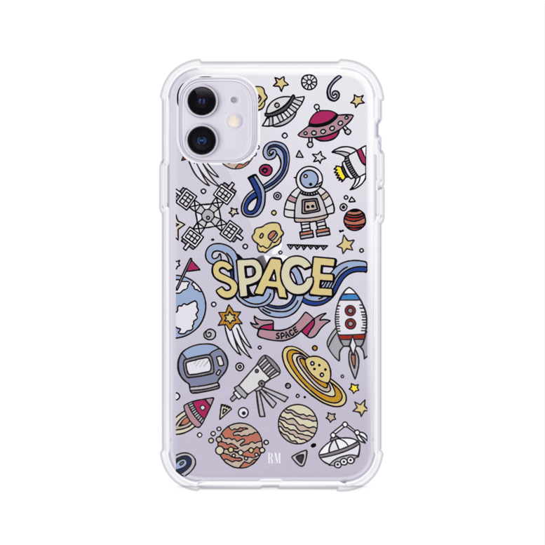 Funda para iPhone con diseño espacial, incluye ilustraciones de planetas, cohetes, astronautas y estrellas en estilo doodle divertido. Producto de Remark Mx