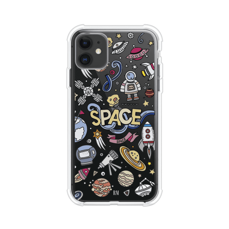 Funda para iPhone con diseño espacial, incluye ilustraciones de planetas, cohetes, astronautas y estrellas en estilo doodle divertido. Producto de Remark Mx