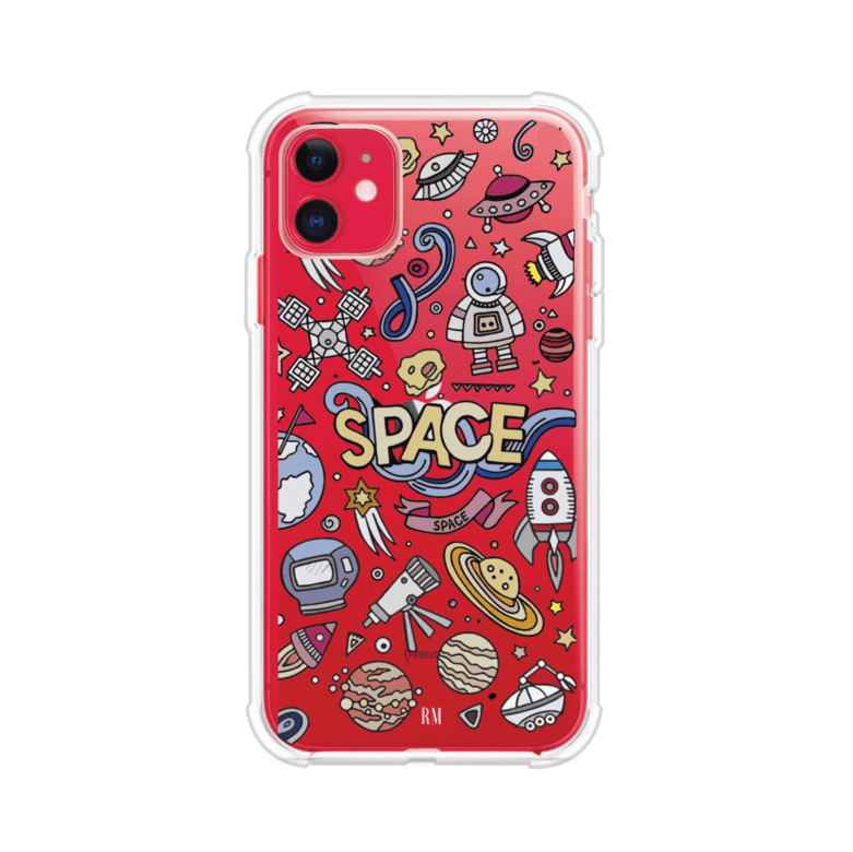 Funda para iPhone con diseño espacial, incluye ilustraciones de planetas, cohetes, astronautas y estrellas en estilo doodle divertido. Producto de Remark Mx
