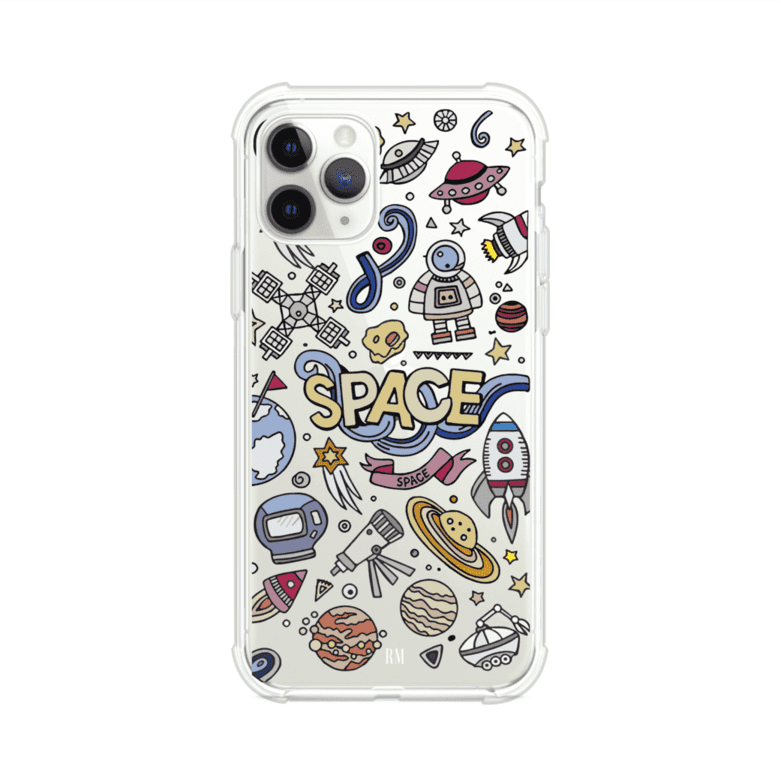 Funda para iPhone con diseño espacial, incluye ilustraciones de planetas, cohetes, astronautas y estrellas en estilo doodle divertido. Producto de Remark Mx