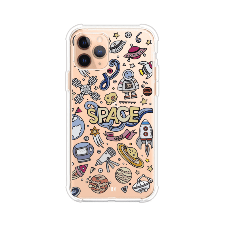Funda para iPhone con diseño espacial, incluye ilustraciones de planetas, cohetes, astronautas y estrellas en estilo doodle divertido. Producto de Remark Mx