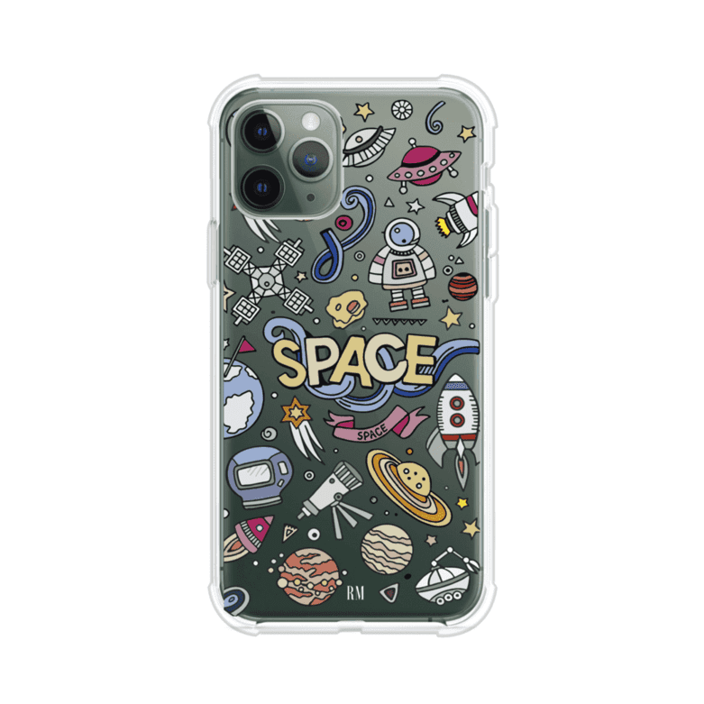 Funda para iPhone con diseño espacial, incluye ilustraciones de planetas, cohetes, astronautas y estrellas en estilo doodle divertido. Producto de Remark Mx