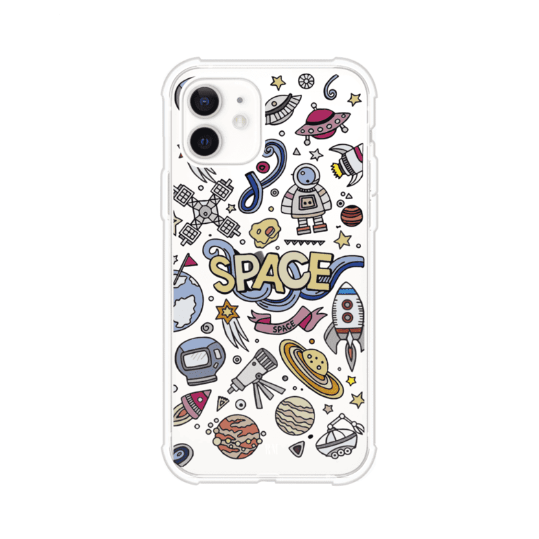 Funda para iPhone con diseño espacial, incluye ilustraciones de planetas, cohetes, astronautas y estrellas en estilo doodle divertido. Producto de Remark Mx