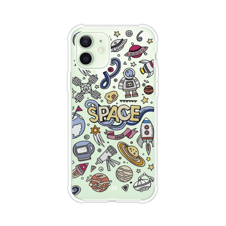 Funda para iPhone con diseño espacial, incluye ilustraciones de planetas, cohetes, astronautas y estrellas en estilo doodle divertido. Producto de Remark Mx