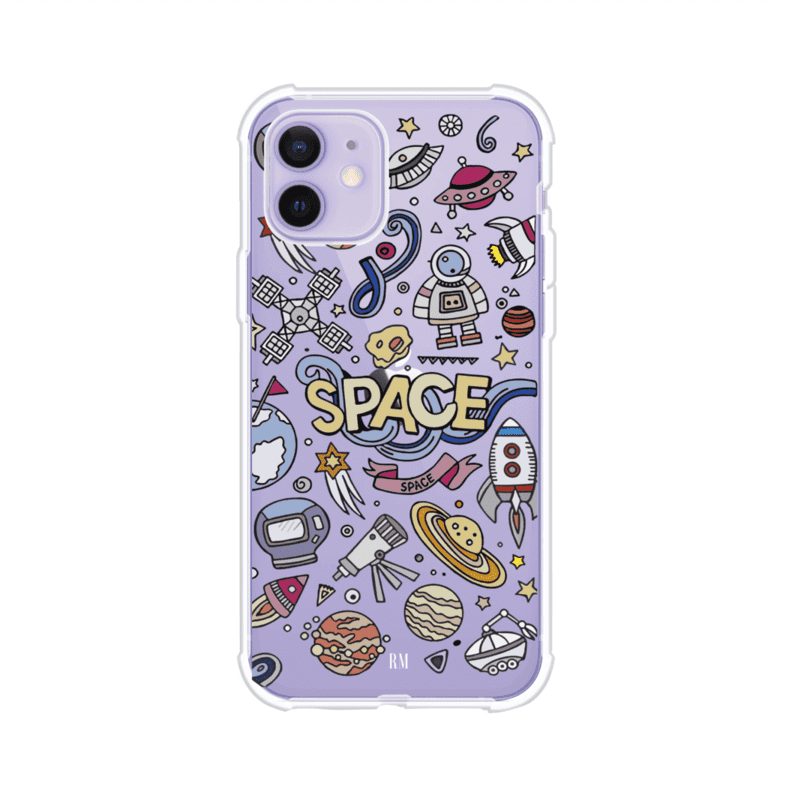 Funda para iPhone con diseño espacial, incluye ilustraciones de planetas, cohetes, astronautas y estrellas en estilo doodle divertido. Producto de Remark Mx