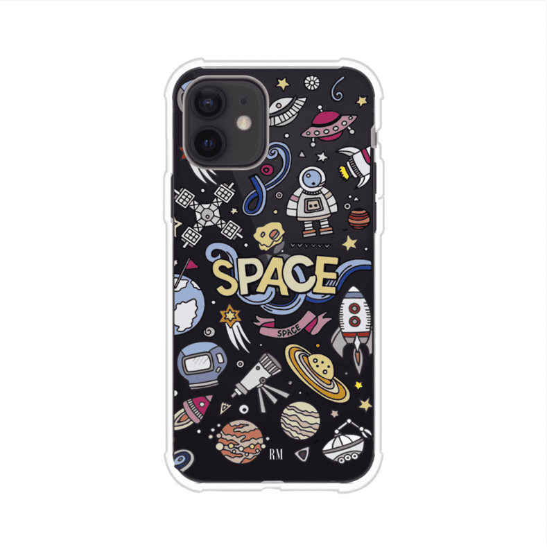 Funda para iPhone con diseño espacial, incluye ilustraciones de planetas, cohetes, astronautas y estrellas en estilo doodle divertido. Producto de Remark Mx