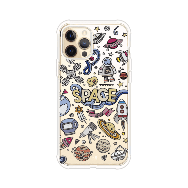 Funda para iPhone con diseño espacial, incluye ilustraciones de planetas, cohetes, astronautas y estrellas en estilo doodle divertido. Producto de Remark Mx