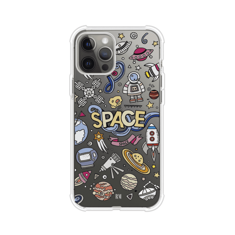 Funda para iPhone con diseño espacial, incluye ilustraciones de planetas, cohetes, astronautas y estrellas en estilo doodle divertido. Producto de Remark Mx