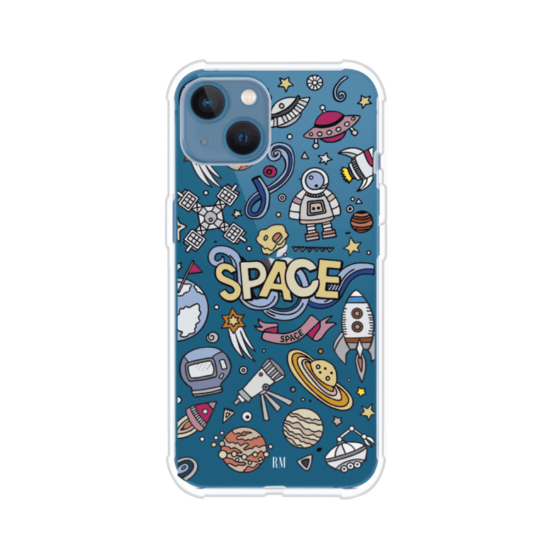Funda para iPhone con diseño espacial, incluye ilustraciones de planetas, cohetes, astronautas y estrellas en estilo doodle divertido. Producto de Remark Mx