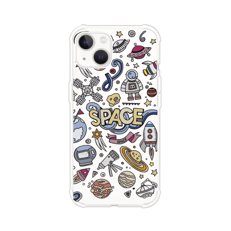 Funda para iPhone con diseño espacial, incluye ilustraciones de planetas, cohetes, astronautas y estrellas en estilo doodle divertido. Producto de Remark Mx