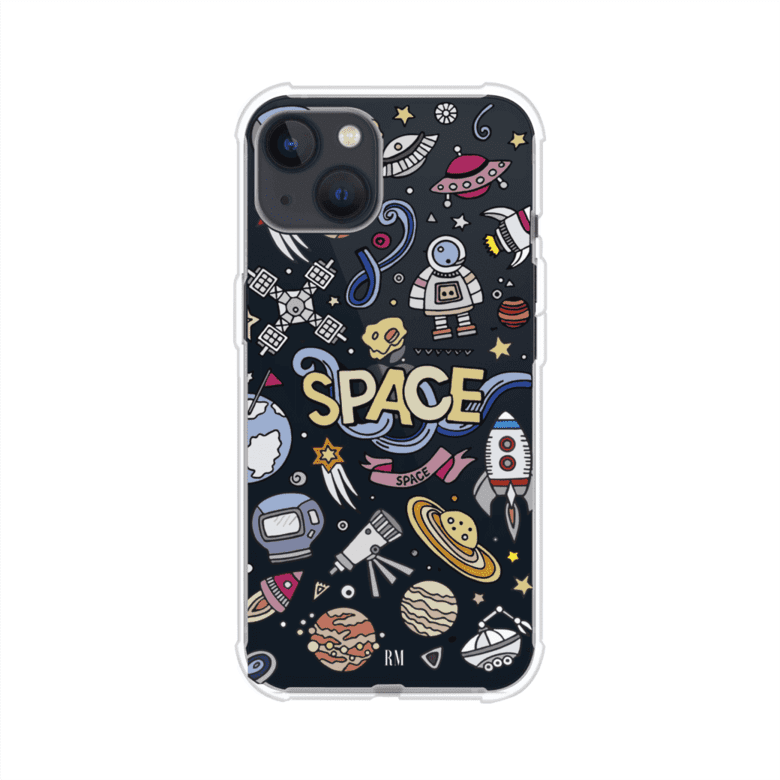Funda para iPhone con diseño espacial, incluye ilustraciones de planetas, cohetes, astronautas y estrellas en estilo doodle divertido. Producto de Remark Mx