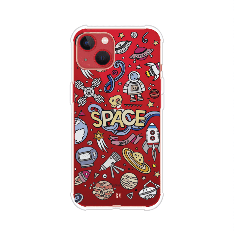 Funda para iPhone con diseño espacial, incluye ilustraciones de planetas, cohetes, astronautas y estrellas en estilo doodle divertido. Producto de Remark Mx