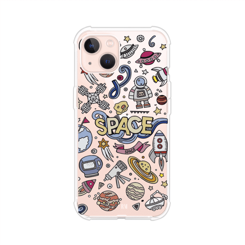Funda para iPhone con diseño espacial, incluye ilustraciones de planetas, cohetes, astronautas y estrellas en estilo doodle divertido. Producto de Remark Mx
