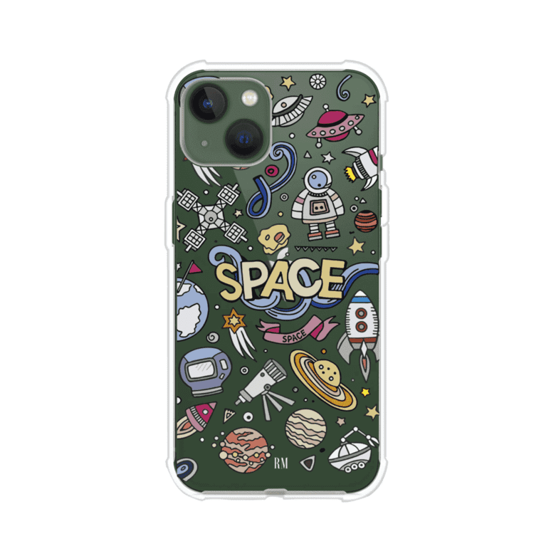 Funda para iPhone con diseño espacial, incluye ilustraciones de planetas, cohetes, astronautas y estrellas en estilo doodle divertido. Producto de Remark Mx