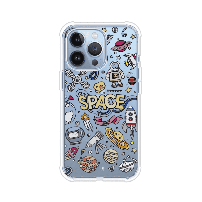 Funda para iPhone con diseño espacial, incluye ilustraciones de planetas, cohetes, astronautas y estrellas en estilo doodle divertido. Producto de Remark Mx