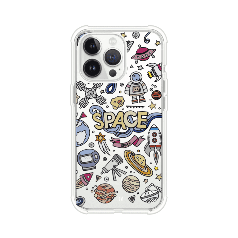 Funda para iPhone con diseño espacial, incluye ilustraciones de planetas, cohetes, astronautas y estrellas en estilo doodle divertido. Producto de Remark Mx