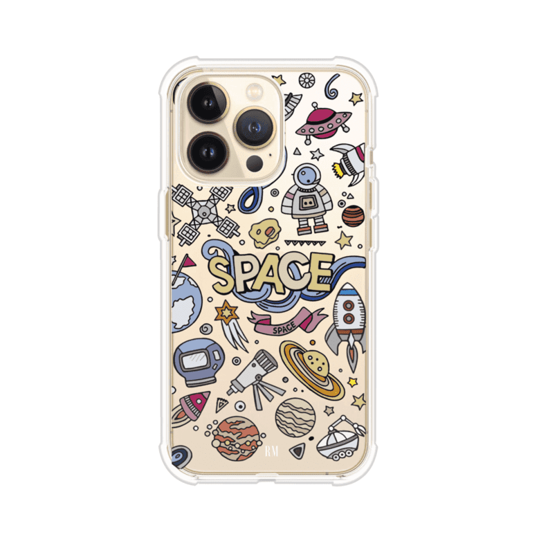 Funda para iPhone con diseño espacial, incluye ilustraciones de planetas, cohetes, astronautas y estrellas en estilo doodle divertido. Producto de Remark Mx