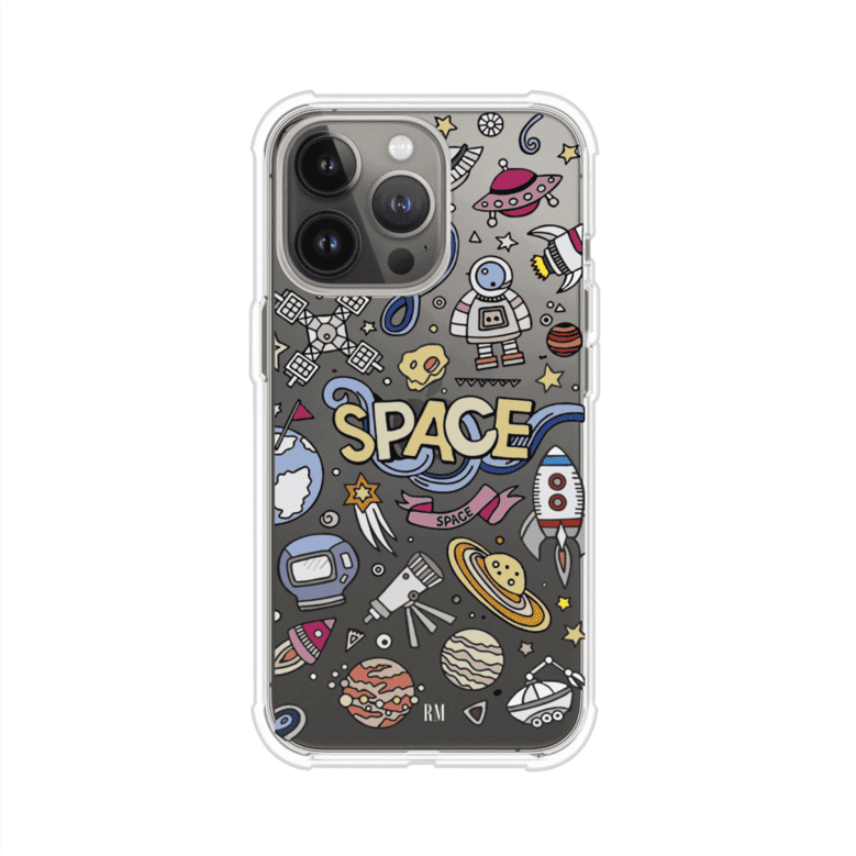 Funda para iPhone con diseño espacial, incluye ilustraciones de planetas, cohetes, astronautas y estrellas en estilo doodle divertido. Producto de Remark Mx
