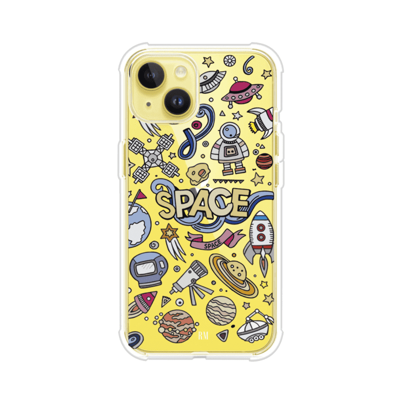 Funda para iPhone con diseño espacial, incluye ilustraciones de planetas, cohetes, astronautas y estrellas en estilo doodle divertido. Producto de Remark Mx