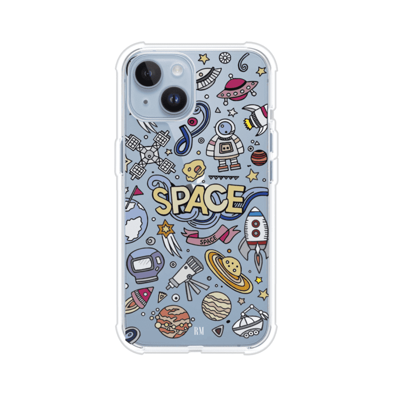 Funda para iPhone con diseño espacial, incluye ilustraciones de planetas, cohetes, astronautas y estrellas en estilo doodle divertido. Producto de Remark Mx