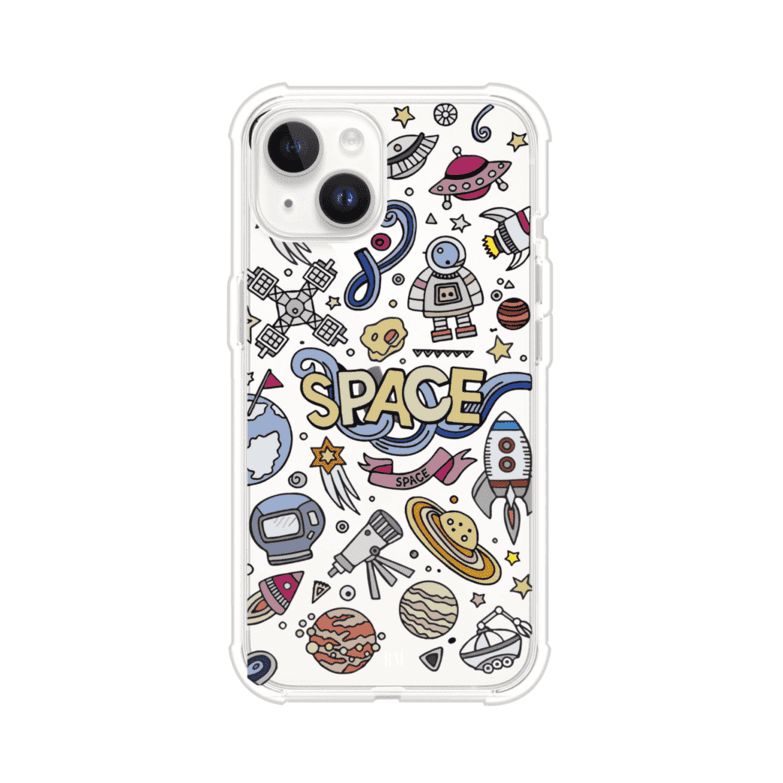 Funda para iPhone con diseño espacial, incluye ilustraciones de planetas, cohetes, astronautas y estrellas en estilo doodle divertido. Producto de Remark Mx