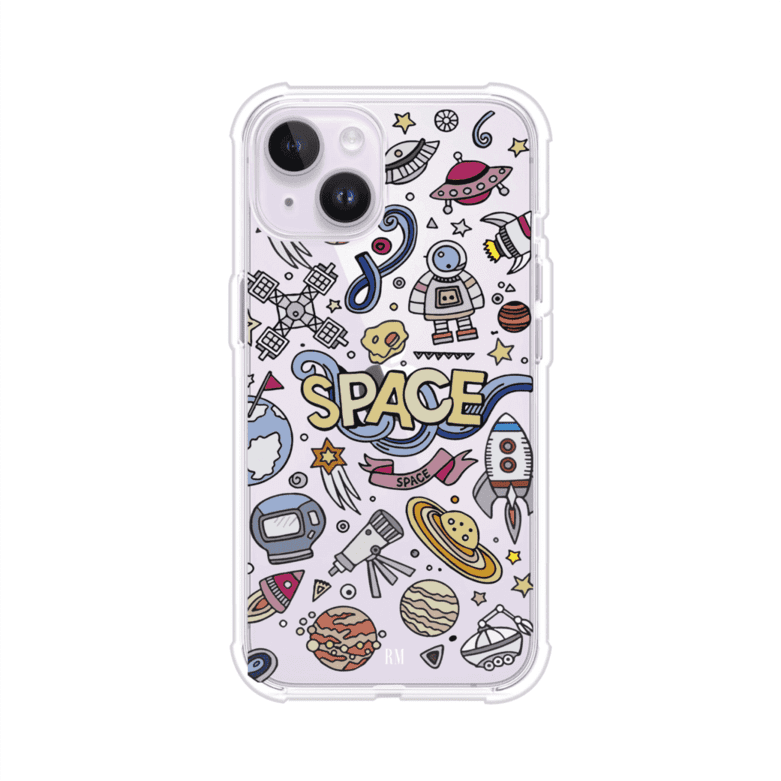 Funda para iPhone con diseño espacial, incluye ilustraciones de planetas, cohetes, astronautas y estrellas en estilo doodle divertido. Producto de Remark Mx