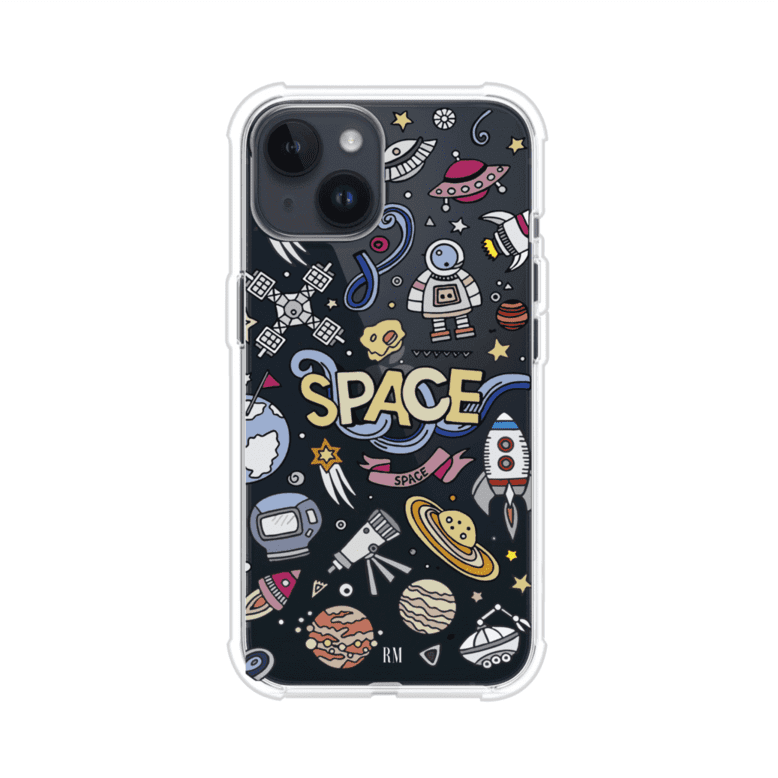 Funda para iPhone con diseño espacial, incluye ilustraciones de planetas, cohetes, astronautas y estrellas en estilo doodle divertido. Producto de Remark Mx