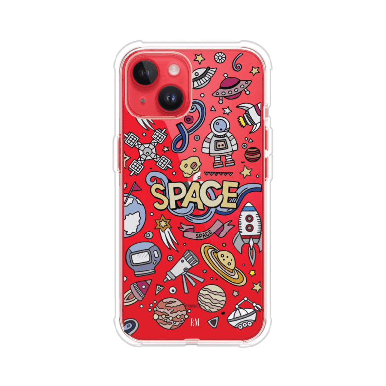 Funda para iPhone con diseño espacial, incluye ilustraciones de planetas, cohetes, astronautas y estrellas en estilo doodle divertido. Producto de Remark Mx