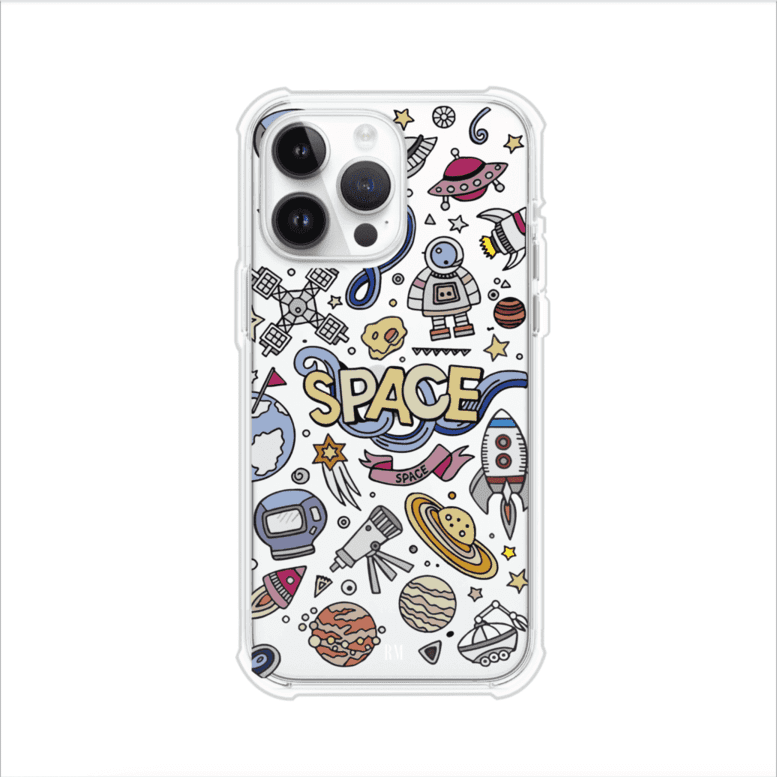 Funda para iPhone con diseño espacial, incluye ilustraciones de planetas, cohetes, astronautas y estrellas en estilo doodle divertido. Producto de Remark Mx