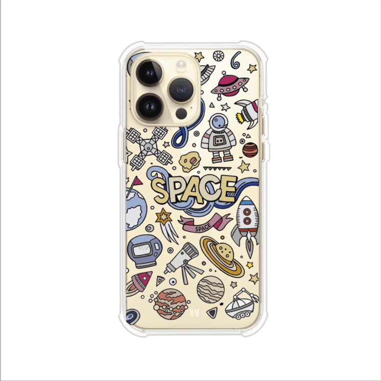Funda para iPhone con diseño espacial, incluye ilustraciones de planetas, cohetes, astronautas y estrellas en estilo doodle divertido. Producto de Remark Mx