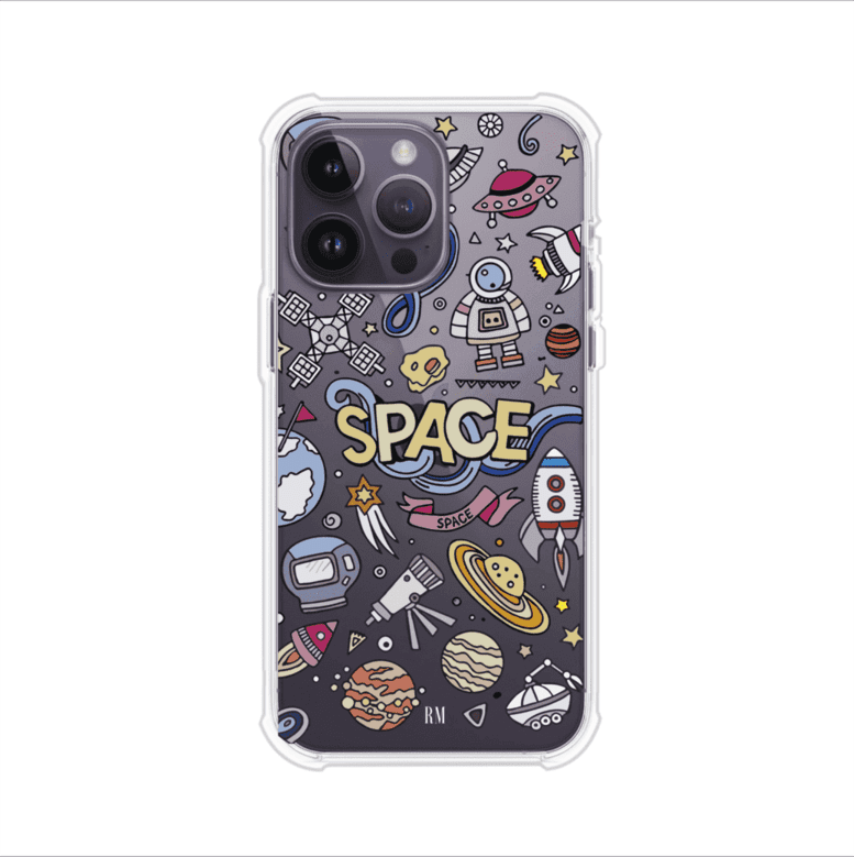 Funda para iPhone con diseño espacial, incluye ilustraciones de planetas, cohetes, astronautas y estrellas en estilo doodle divertido. Producto de Remark Mx
