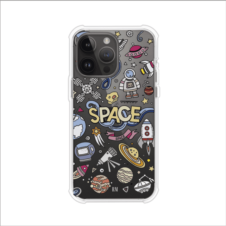 Funda para iPhone con diseño espacial, incluye ilustraciones de planetas, cohetes, astronautas y estrellas en estilo doodle divertido. Producto de Remark Mx